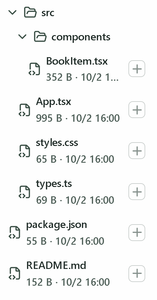 同一演示项目的完整文件树，包含 BookItem.tsx、App.tsx、styles.css、types.ts、package.json 和 README.md。